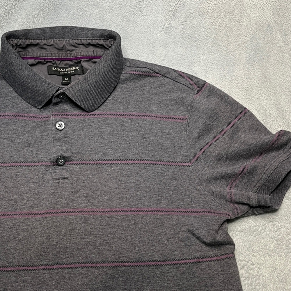 Banana Republic Mens Grey Striped Luxury Polo Shirt TikTok Preppy Y2K Lo-Fi